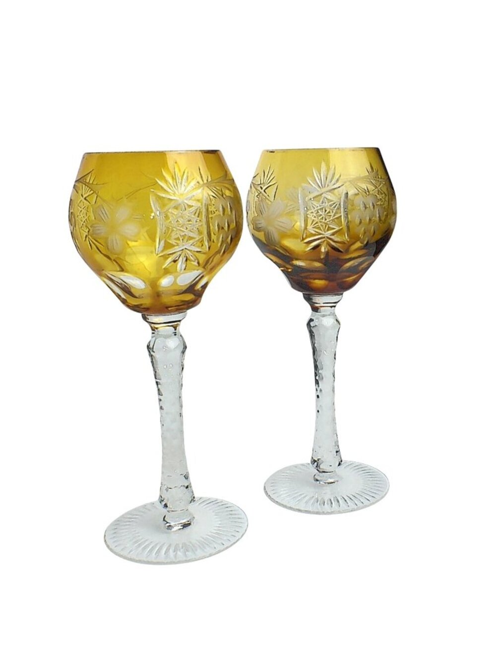 Vintage Nachtmann  Honey Amber Crystal Wine Glasses Set 2 Cut To Clear Grape